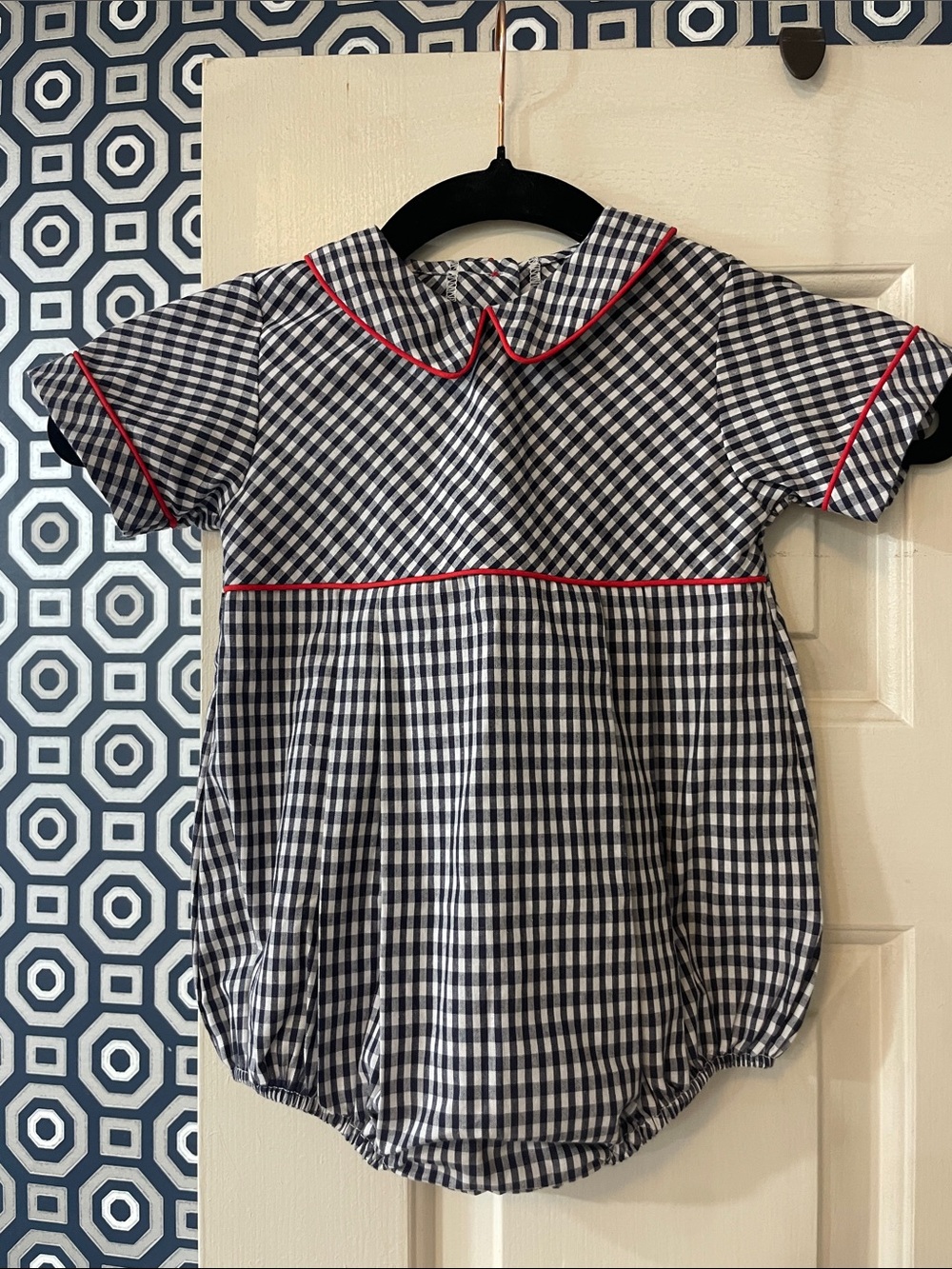 The Beaufort Bonnet Company Navy Gingham Bubble with Red Piping